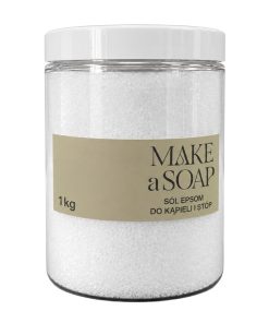 Sól Epsom 1 kg w przezroczystym pojemniku z białą zakrętką i etykietą Make a Soap