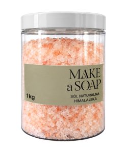 Różowa sól himalajska 1 kg w przezroczystym pojemniku z białą zakrętką i etykietą Make a Soap