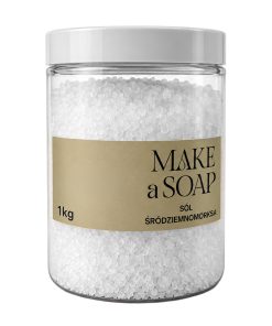 Sól śródziemnomorska 1 kg w przezroczystym pojemniku z białą zakrętką i etykietą Make a Soap