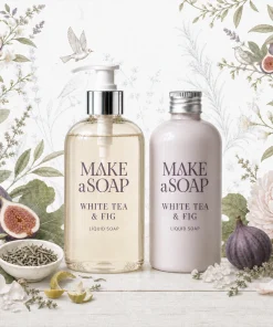 Poglądowa aranżacja zapachu White Tea & Fig z dwoma flakonami kosmetycznymi, w tym jednym z pompką