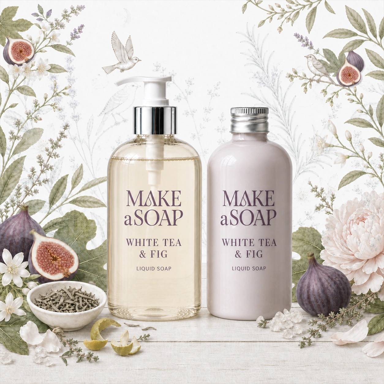 Poglądowa aranżacja zapachu White Tea & Fig z dwoma flakonami kosmetycznymi, w tym jednym z pompką