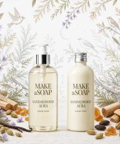 Poglądowa aranżacja zapachu Sandalwood Aura z dwoma flakonami kosmetycznymi, w tym jednym z pompką