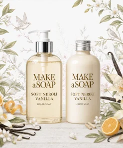 Poglądowa aranżacja zapachu Soft Neroli Vanilla z dwoma flakonami kosmetycznymi, w tym jednym z pompką