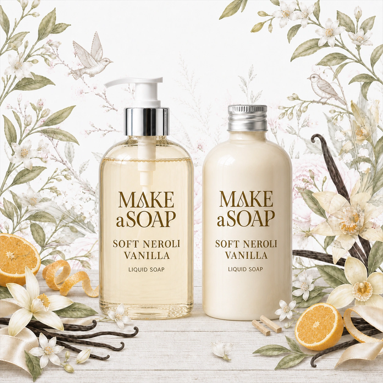 Poglądowa aranżacja zapachu Soft Neroli Vanilla z dwoma flakonami kosmetycznymi, w tym jednym z pompką