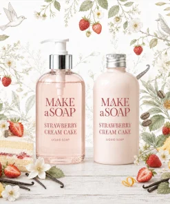 Poglądowa aranżacja zapachu Strawberry Cream Cake z dwoma flakonami kosmetycznymi, w tym jednym z pompką