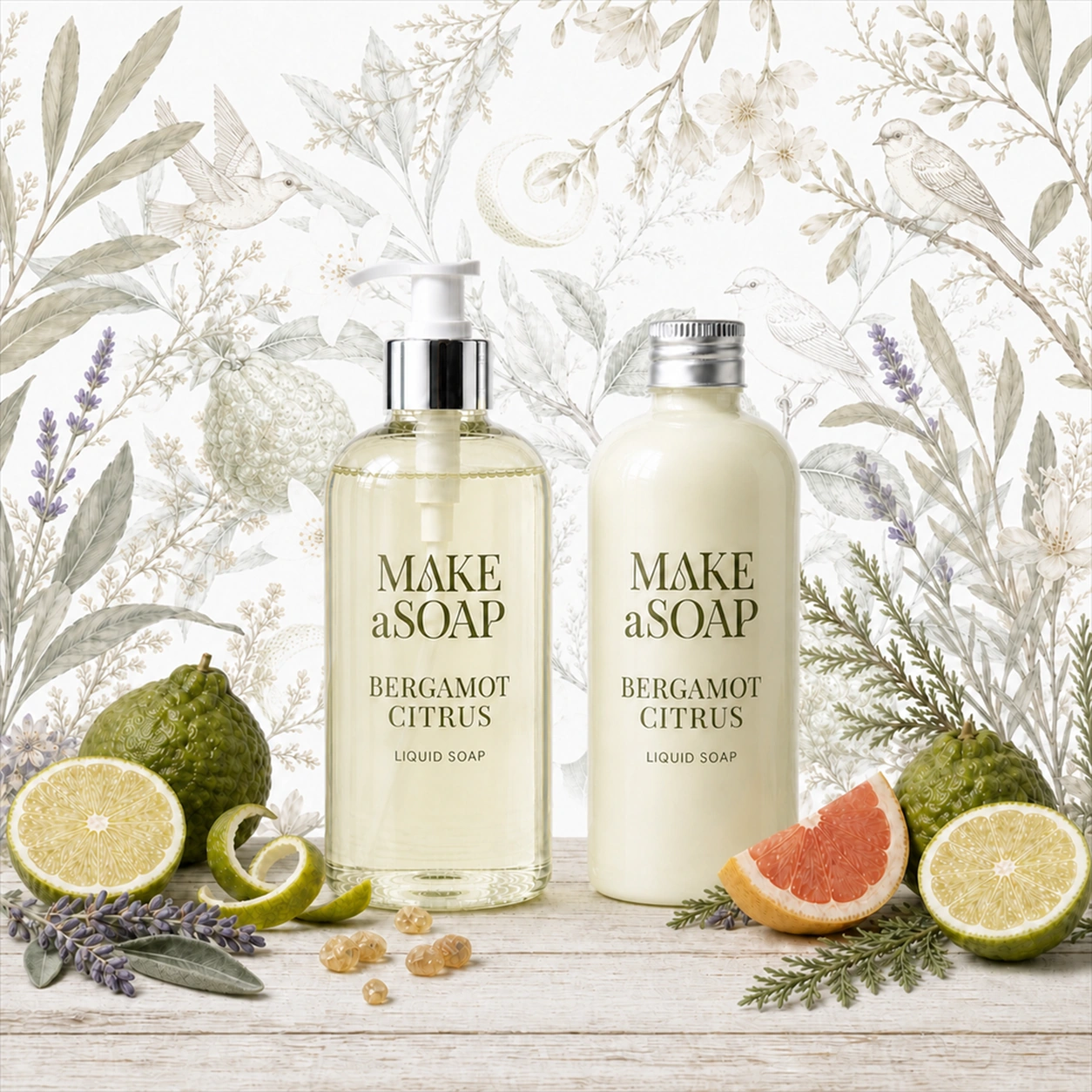 Poglądowa aranżacja zapachu Bergamot Citrus z dwoma flakonami kosmetycznymi, w tym jednym z pompką